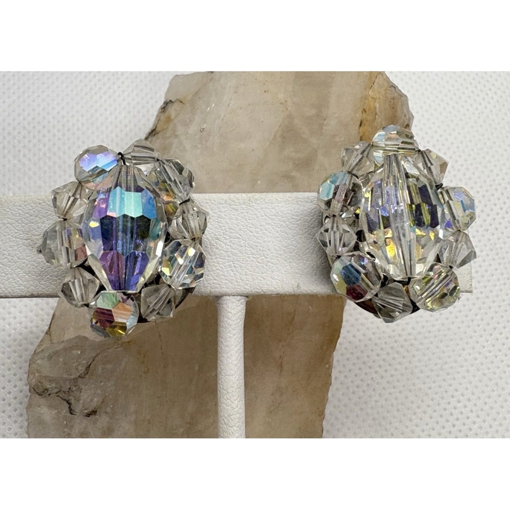 Vintage Aurora Borealis Crystal Bead Cluster Earrings Screw Back 1950s Retro